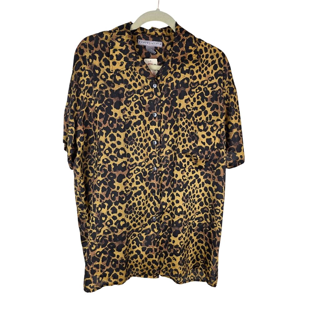 Robert Stock Silk Top Sz M Edgy Gothic Glam Leopard Print Button Down Shirt EUC